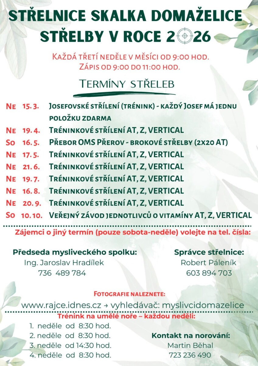 Rozpis střeleb 2026 – střelnice Skalka Domaželice